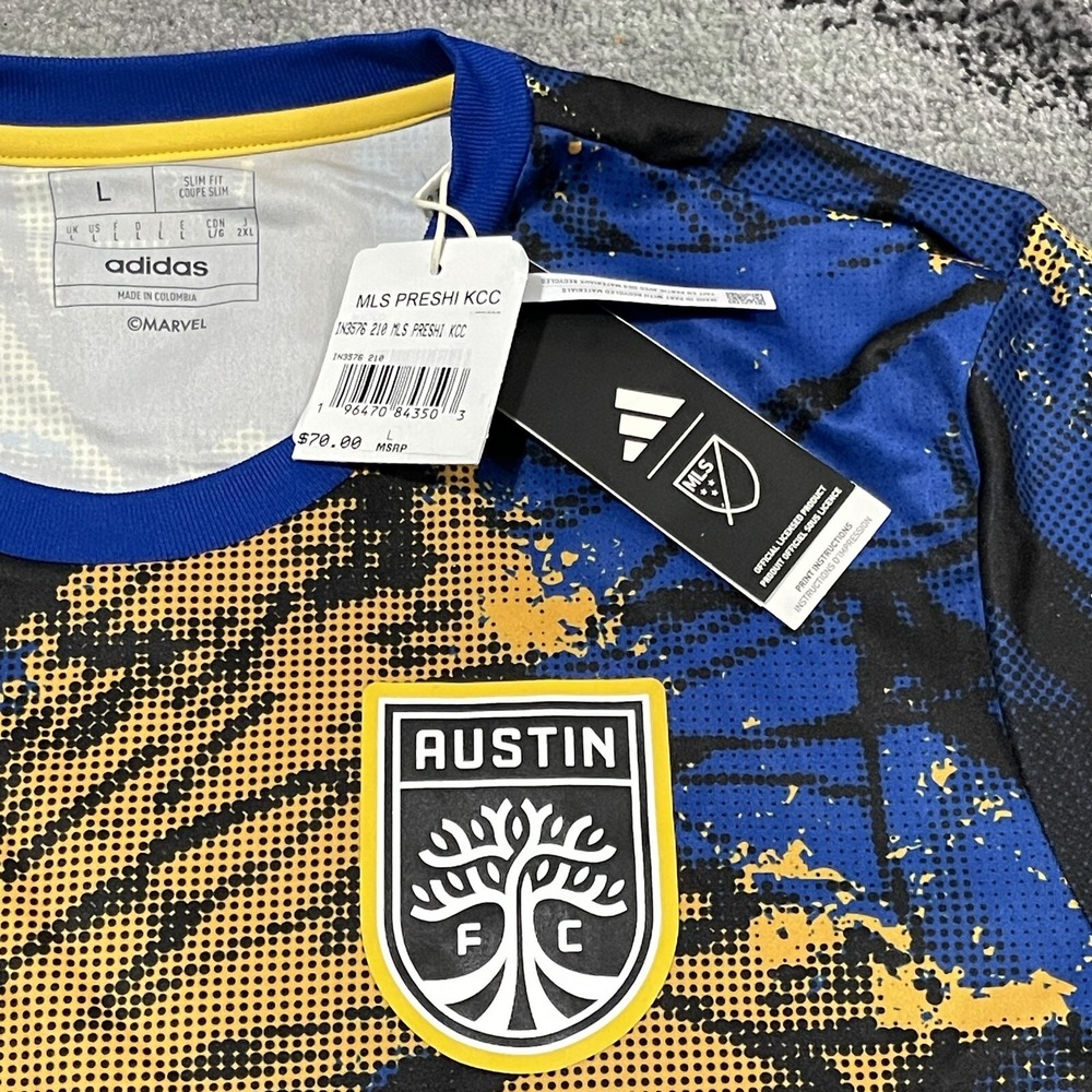 Austin FC Soccer Jersey Adidas x Marvel Men Large Blue MLS Shirt Pre Match NEW - Picture 5 of 15
